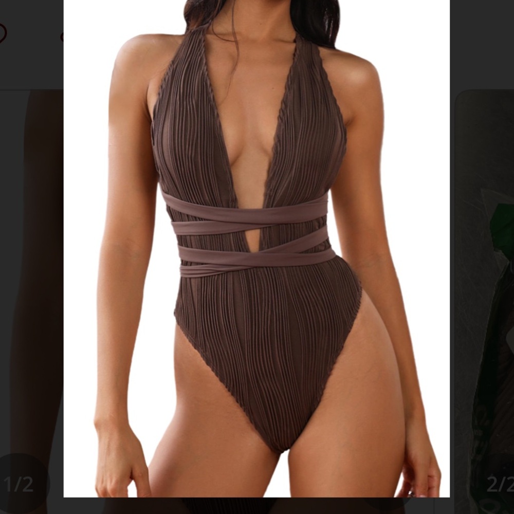 NWNT ZAFUL Deep Coffee one piece swimsuit/ V Neck Ribbed Cross back Small